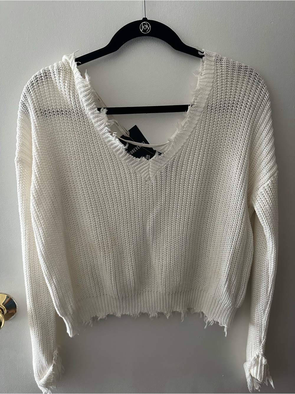 Forever 21 Cream Distressed V-Neck Sweater